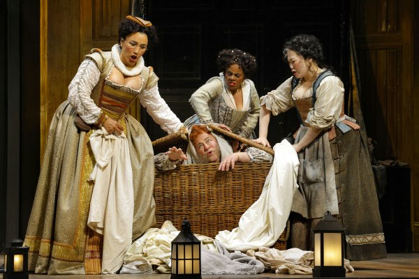 Sarah Saturnino as Meg Page, Craig Colclough as Falstaff, Nicole Heaston as Alice Ford and Hyona Kim as Mistress Quickly