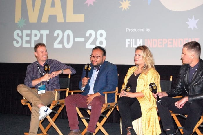 Navajo activist Moroni Benally discusses the documentary about him after the LA Film Festival screening of Moroni for President at ArcLight Theatre, with filmmakers Saila Huusko and Jaspen Rischen.