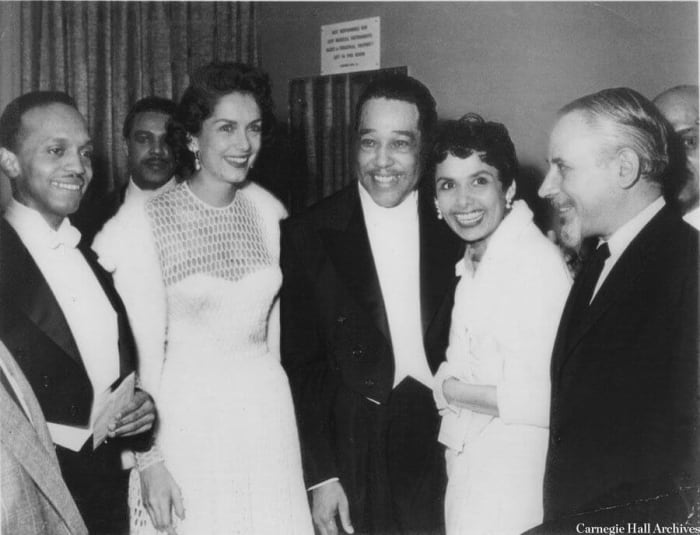 Lena Horne is pictured w/ Don Shirley, Jinx Falkenburg, Duke Ellington & her husband backstage after a 1955 concert.