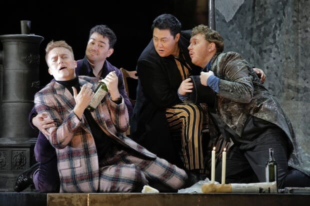 Left to right: Michael J. Hawk (Schaunard), Saimir Pirgu (Rodolfo), Kihun Yoon (Marcello) and Nicholas Brownlee (Colline)