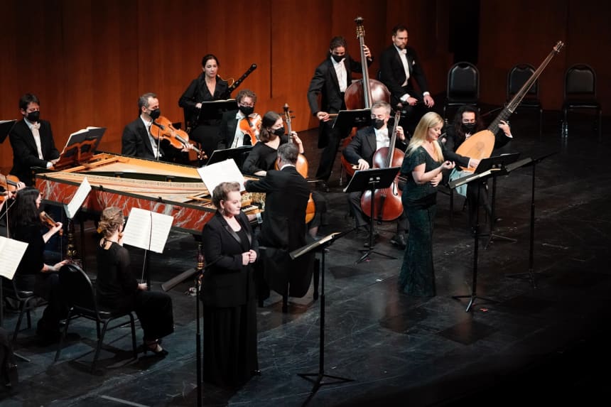 Elizabeth DeShong as Bradamante and Lucy Crowe as Morgana in Handel's "Alcina"; Harry Bicket (center) conducts The English Concert from the harpsichord (Lawrence K. Ho)