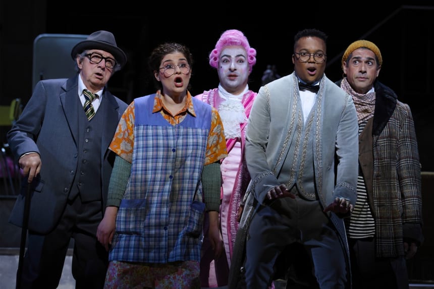 Alessandro Corbelli (Don Magnifico), Serena Malfi (Angelina/Cinderella), Rodion Pogossov (Dandini), Levy Sekgapane (Don Ramiro) and Ildebrando D'Arcangelo (Alidoro)