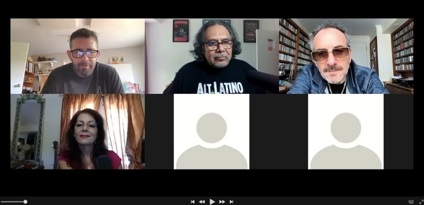 The Alt.Latino Zoom session, featuring Sebastian Krys, "Spanish Model" producer; Felix Contreras,host of NPR's Alt.Latino, Elvis Costello; and palabra's Marisa Arbona Ruize.