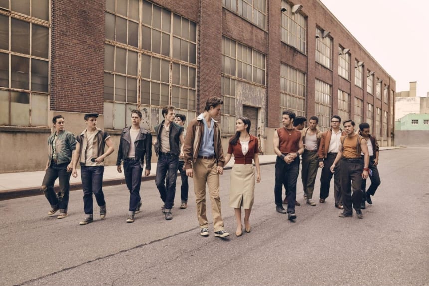 Ton (Ansel Elgort) and Maria (Rachel Zegler) with the Sharks and Jets on Manhattan's Upper West Side.