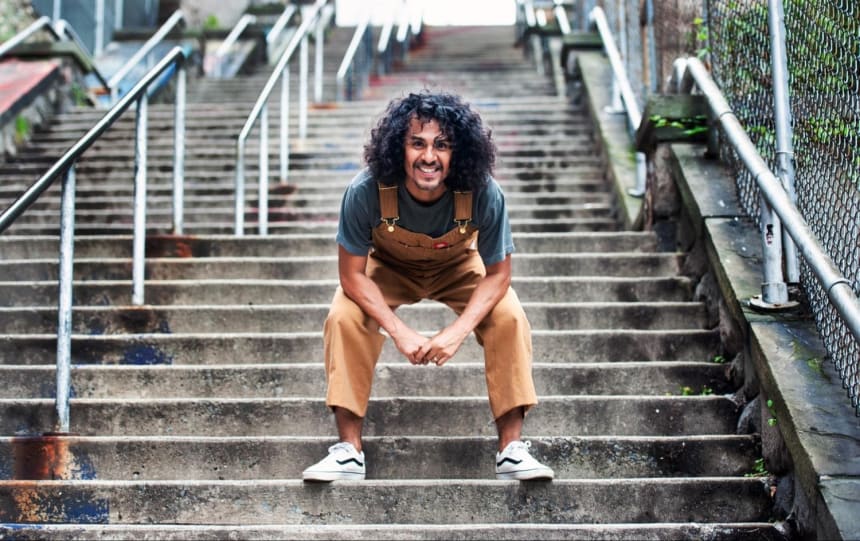 Reza Salazar on the iconic steps in Washington Heights. His performance steals the show in “Clyde's,” with his use of physical comedy, a nod to his clowning background. Photo by Mariela Murdocco