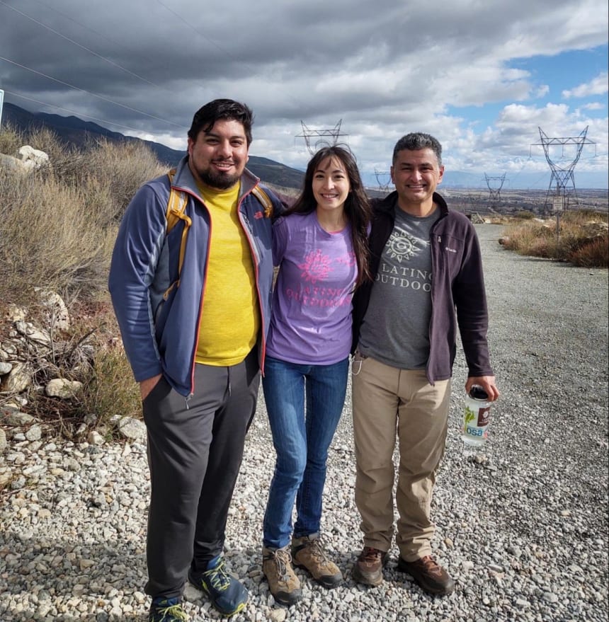 (Left to right) Luis Villa, Victor Campos and Cristina Mancilla, the Latino Outdoors volunteers on a hike in Southern California's Inland Empire region, east of Los Angeles. Photo courtesy of Luis Villa