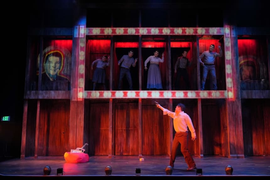Arvin Lee as John Hinckley Jr and Andrea Somera, Jalen Lum, Kym Miller, and Michael Cavinder (L-R) in ASSASSINS at East West Players. Photo by Steven Lam.