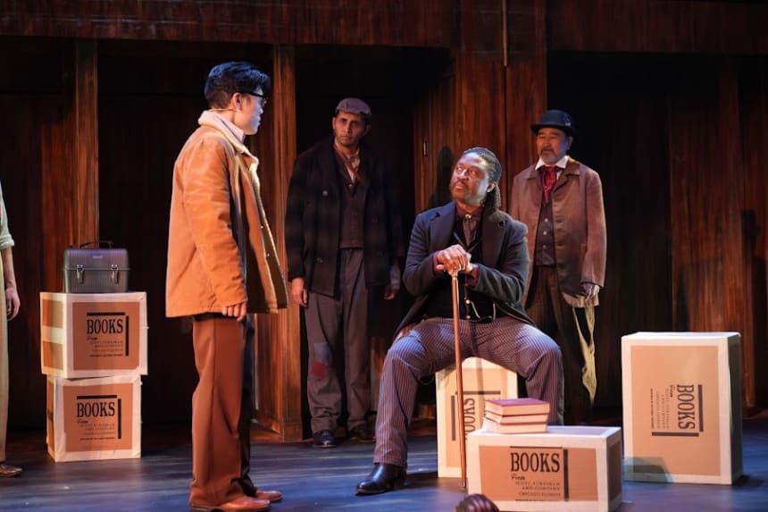 Thance Thompson (L) as John Wilkes Booth and Adam Kaokept (R) as the Balladeer in ASSASSINS at East West Players. Photo by Steven Lam.