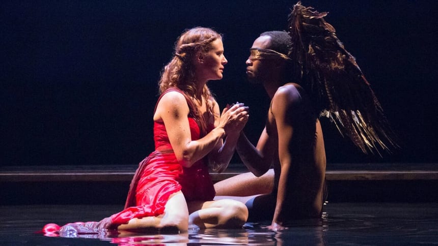 Production photo from Mary Zimmerman's Metamorphoses at Arden Theater. Krista Apple-Hodge as Psyche, Brandon Pierce as Eros. Directed by Doug Hara. Photo by Mark Garvin.