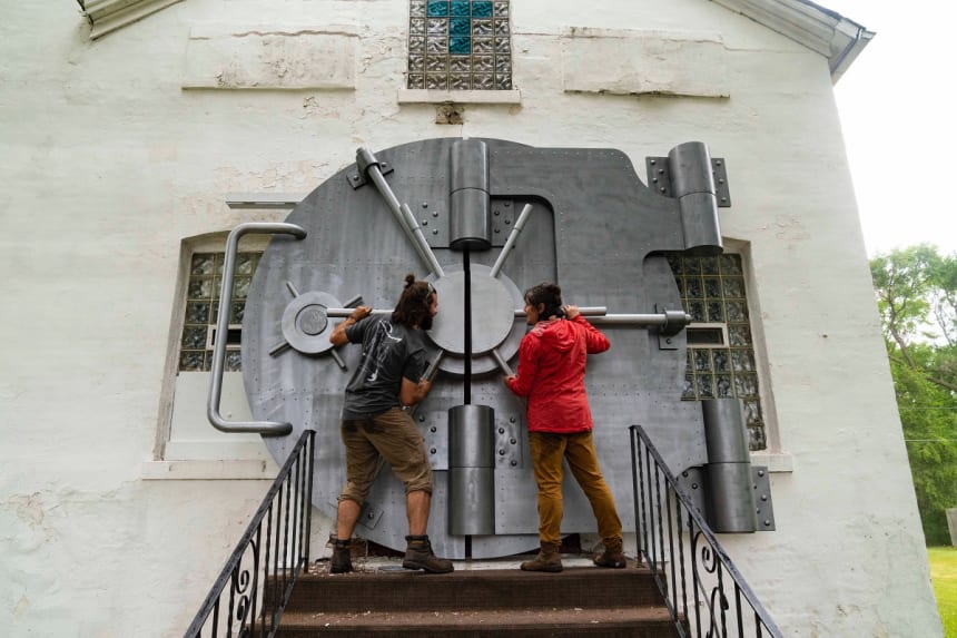 “Safehouse Temple Door” at Sweet Water Foundation (SWF) with members of UNC Asheville STEAM Studio. Photo: Ben Premeaux, courtesy S.O.U.R.C.E. Studio.