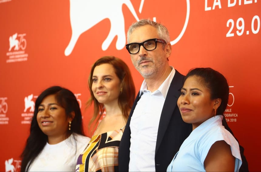 Nancy García García, Marina de Tavira, Alfonso Cuarón, and Yalitza Aparicio attend “Roma” photocall during the 75th Venice Film Festival on August 30, 2018. Photo via Shutterstock