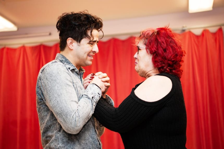 During rehearsals, actress Johanna Carlisle-Zepeda plays the role of Felicitas, Tony’s mother. This scene shows actor Sean Ewing (Tony) the day Valdovinos found out he was an undocumented immigrant. Photo by Mariela Murdocco for palabra.