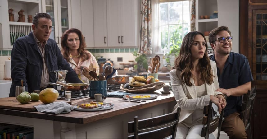 Andy García, Gloria Estefan, Adria Arjona, and Diego Boneta in a scene from "Father of the Bride." Photo Courtesy Warner Bros. Productions