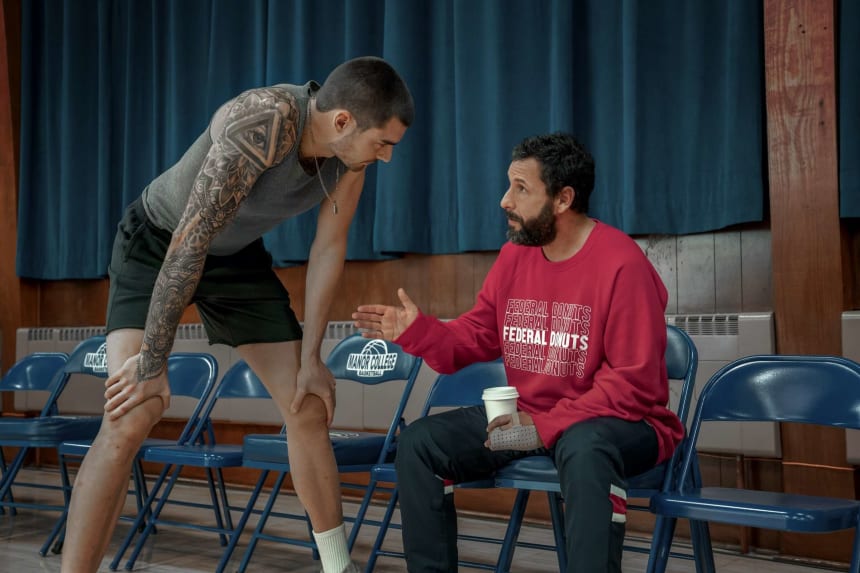 Juancho Hernangomez, left, as Bo Cruz and Adam Sandler as Stanley Sugarman in "Hustle."Scott Yamano/Netflix