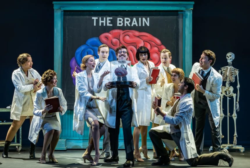 A.J. Holmes (center) stars with the company in the La Mirada Theatre for the Performing Arts & McCoy Rigby Entertainment Southern California premiere of the newly-revised, London version of “Mel Brooks’ YOUNG FRANKENSTEIN,” directed by Jeff Whiting and now playing at La Mirada Theatre for the Performing Arts. (Photo: Jason Niedle)