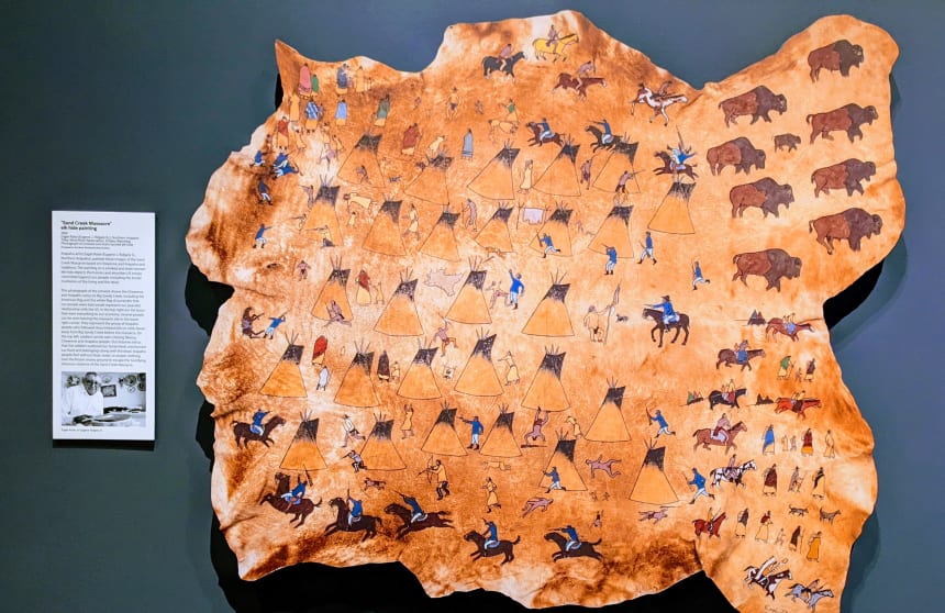 Sand Creek Massacre, elk hide painting, by Eagle Robe (Eugene J. Ridgely) Northern Arapaho depicting Black Kettle. Photo by Billy J. Stratton