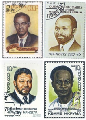 Four Soviet postage stamps honoring the African freedom struggle: Patrice Lumumba, Samora Moisés Machel, Nelson Mandela, and Kwame).
