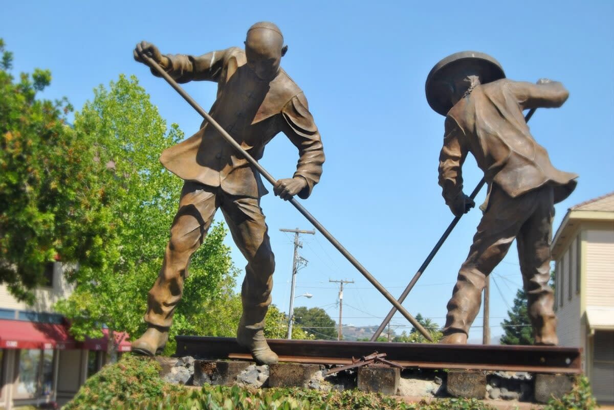 Statue of a couple of Chinese rail workers, taken just outside the San Luis Obispo Amtrak Station.