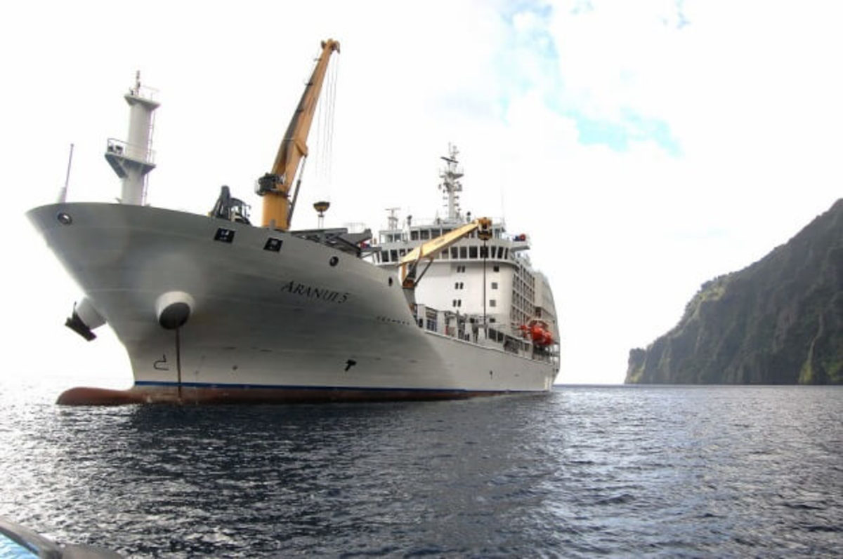 The passenger freighter anchored in the Marquesas Islands, French Polynesia.