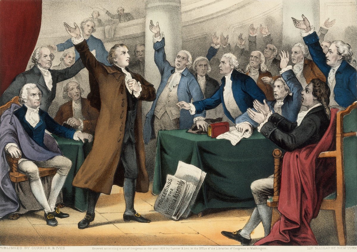 Patrick Henry at Virginia Assembly, March 23, 1775. Litho Currier and Ives, ca. 1876