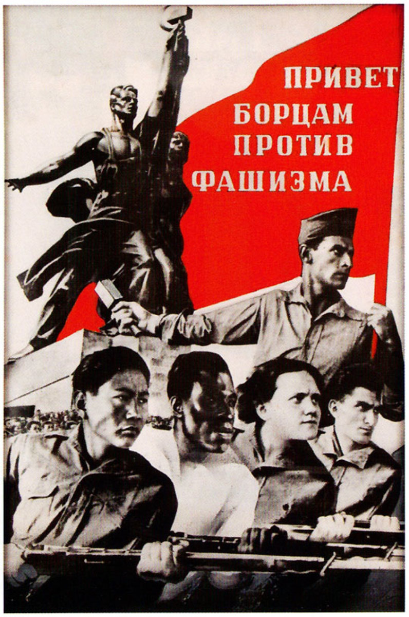 Poster, 1937, by Viktor Koretsky. ‘Greetings to fighters against fascism.’ The Black man second from left is modeled on Wayland Rudd.
