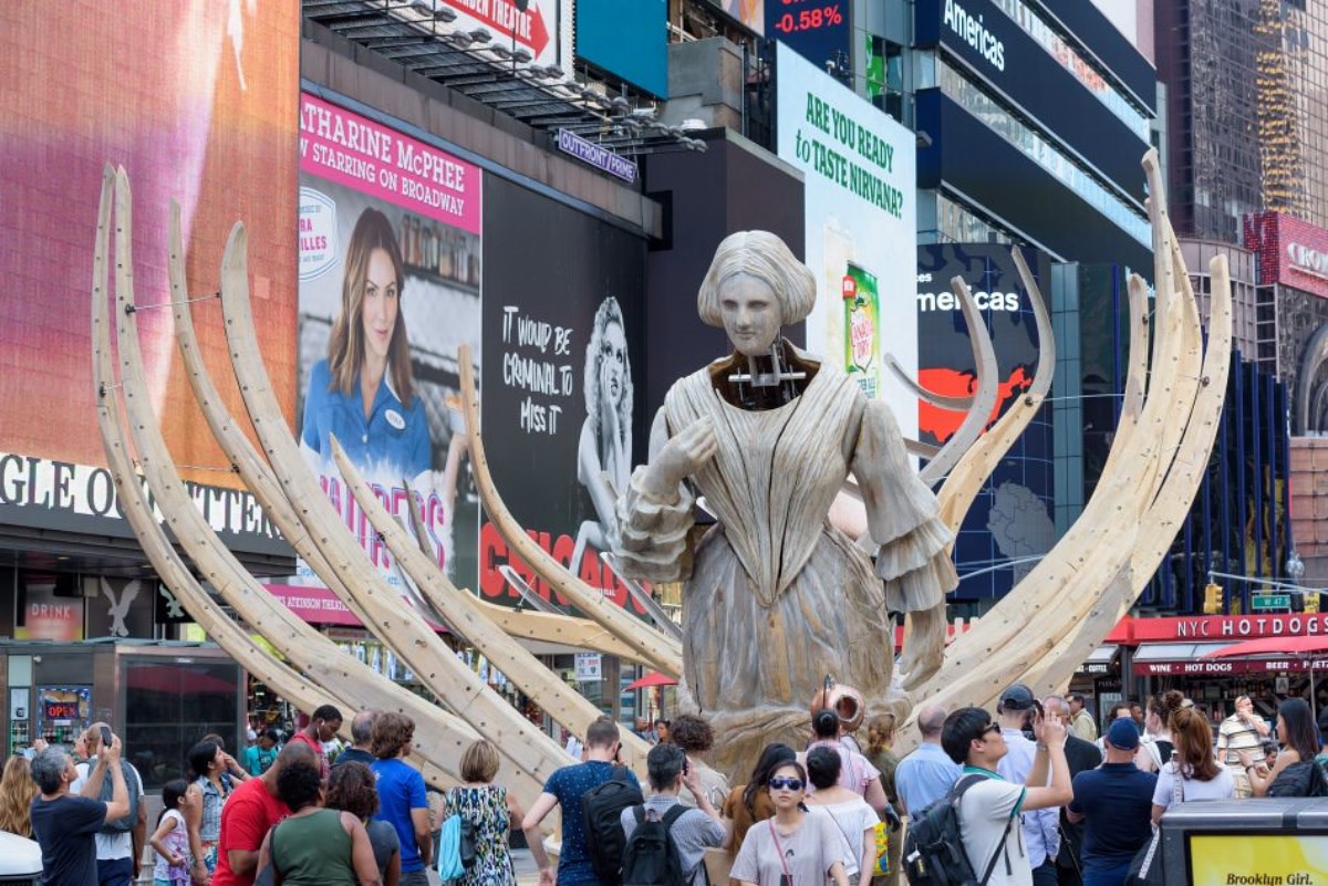 Mel Chin, “Wake,” 2018. Wood, steel, fiberglass, electronic and mechanical components, paint. 24'H x 34'W x 60'L. Exhibited at Times Square from July 11 to September 5, 2018. Co-presented by Times Square Arts, No Longer Empty, Queens Museum. Fabricated in partnership with University of North Carolina Asheville (UNCA). Image courtesy Ian Douglas for Times Square Arts.