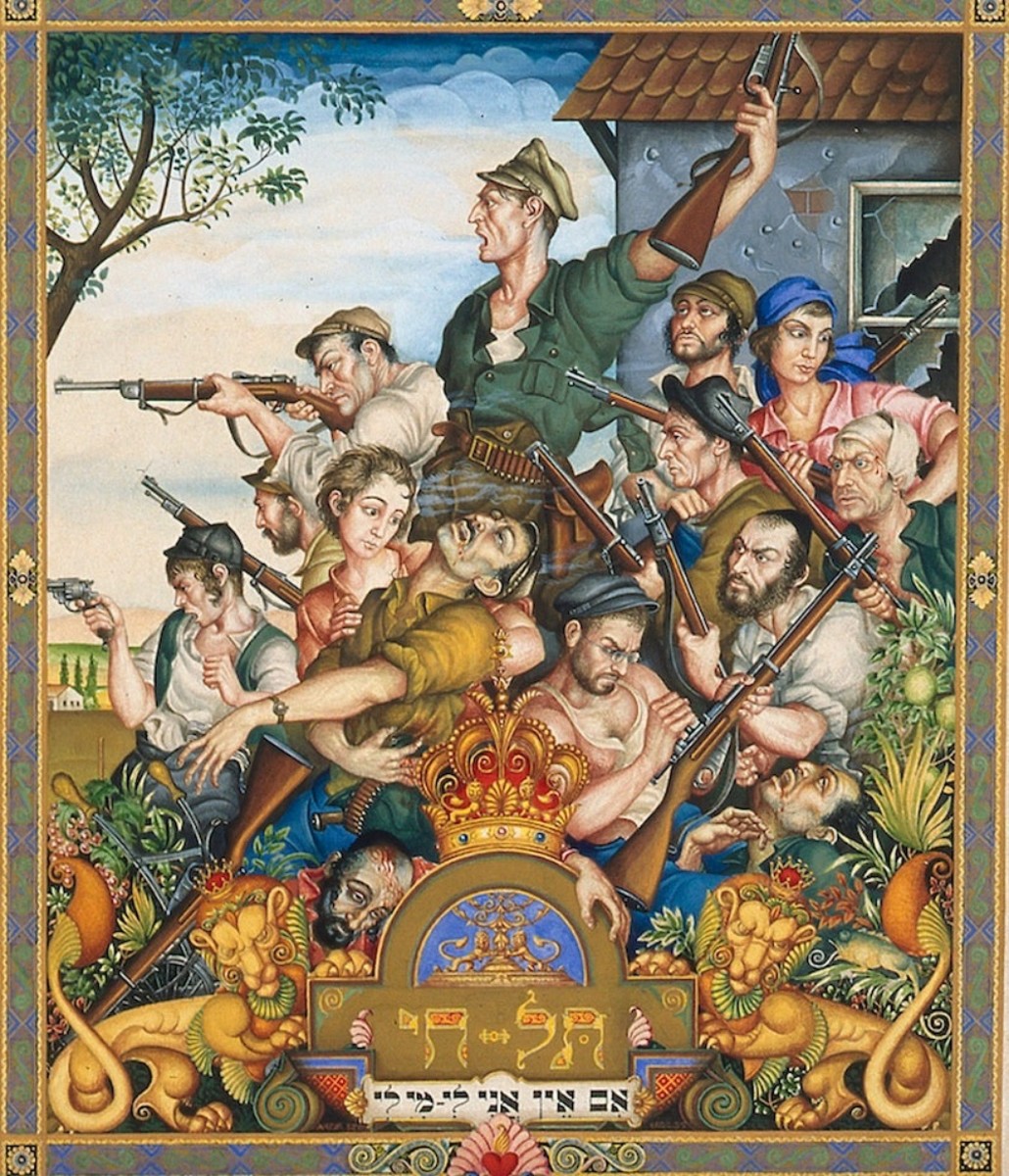 Trumpeldor’s Defense of Tel Hai (1936) by Arthur Szyk. Courtesy The Robbins Family Collection, via RichardMcBee.com. Szyk was a Polish-Jewish artist and activist who sought to reimagine how Jews were portrayed and perceived. That included the lionization of Joseph Trumpeldor,