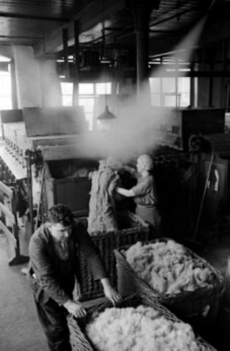 Workers at a British hat factory prepare rabbit fur ready for its transformation into felt, 1940. Photograph was scanned and released by the Imperial War Museum on the IWM Non Commercial Licence. Image was cataloged by the IWM as created for the Ministry of Information, which was dissolved in 1946. The image and faithful reproductions are considered Crown Copyright, now expired as the photograph was taken prior to 1 June 1957. This work created by the United Kingdom Government is in the public domain. Wikimedia Commons. 