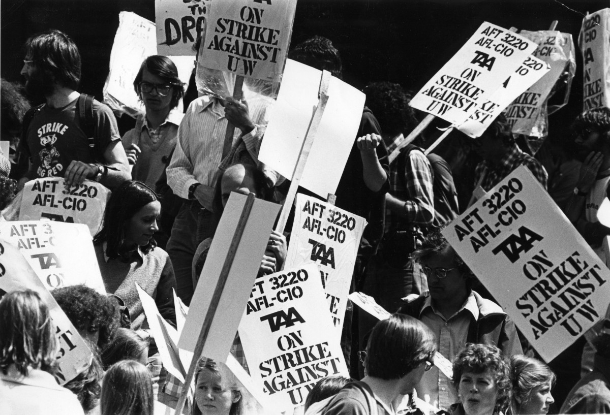 The University of Wisconsin–Madison’s Teaching Assistant Association (TAA) went on strike in 1970, the first strike by members of a graduate student workers’ union. (Jon Kim / The Daily Cardinal, 1970.)