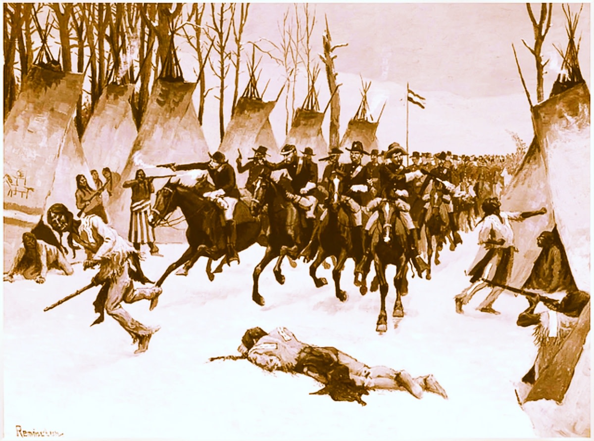 Painting of the Washita (River) Massacre by Frederic Remington.